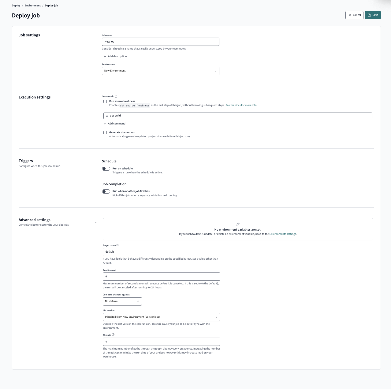 Settings of a dbt Cloud job